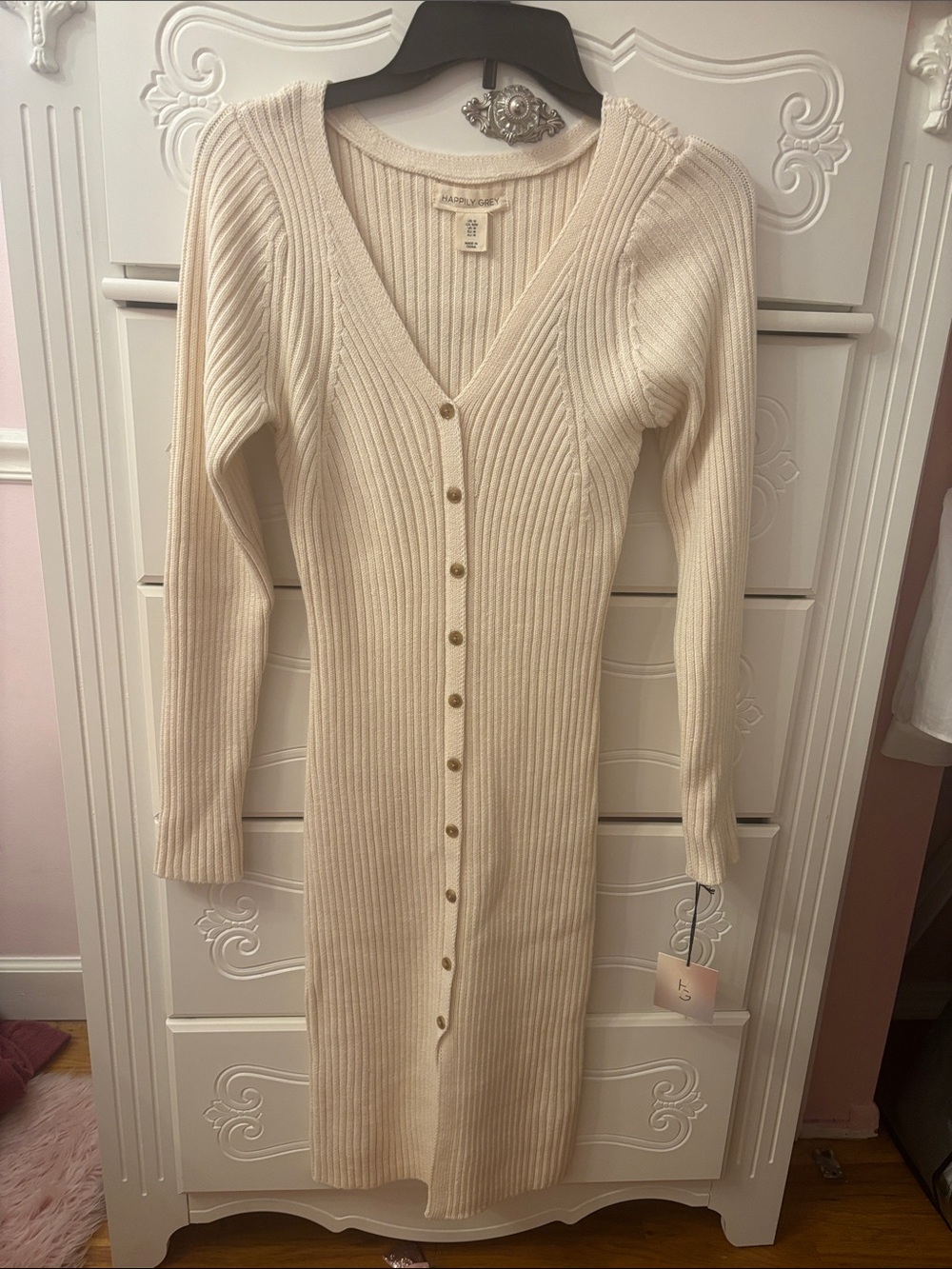 Cream Ribbed Button-Front Knit Dress